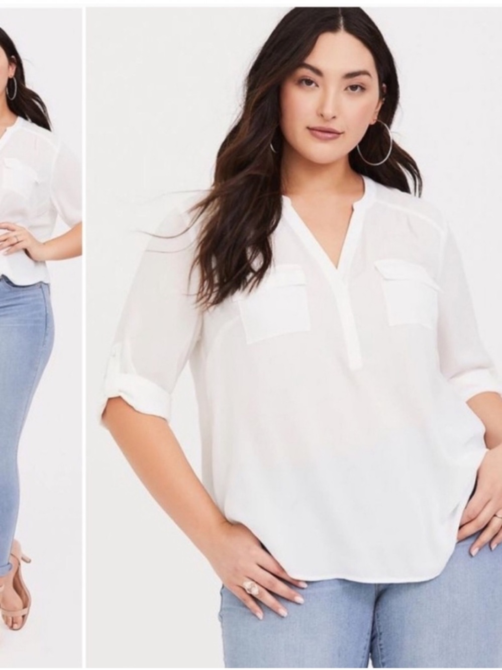 Torrid Harper White V-Neck Roll-Sleeve Blouse - Women Tops